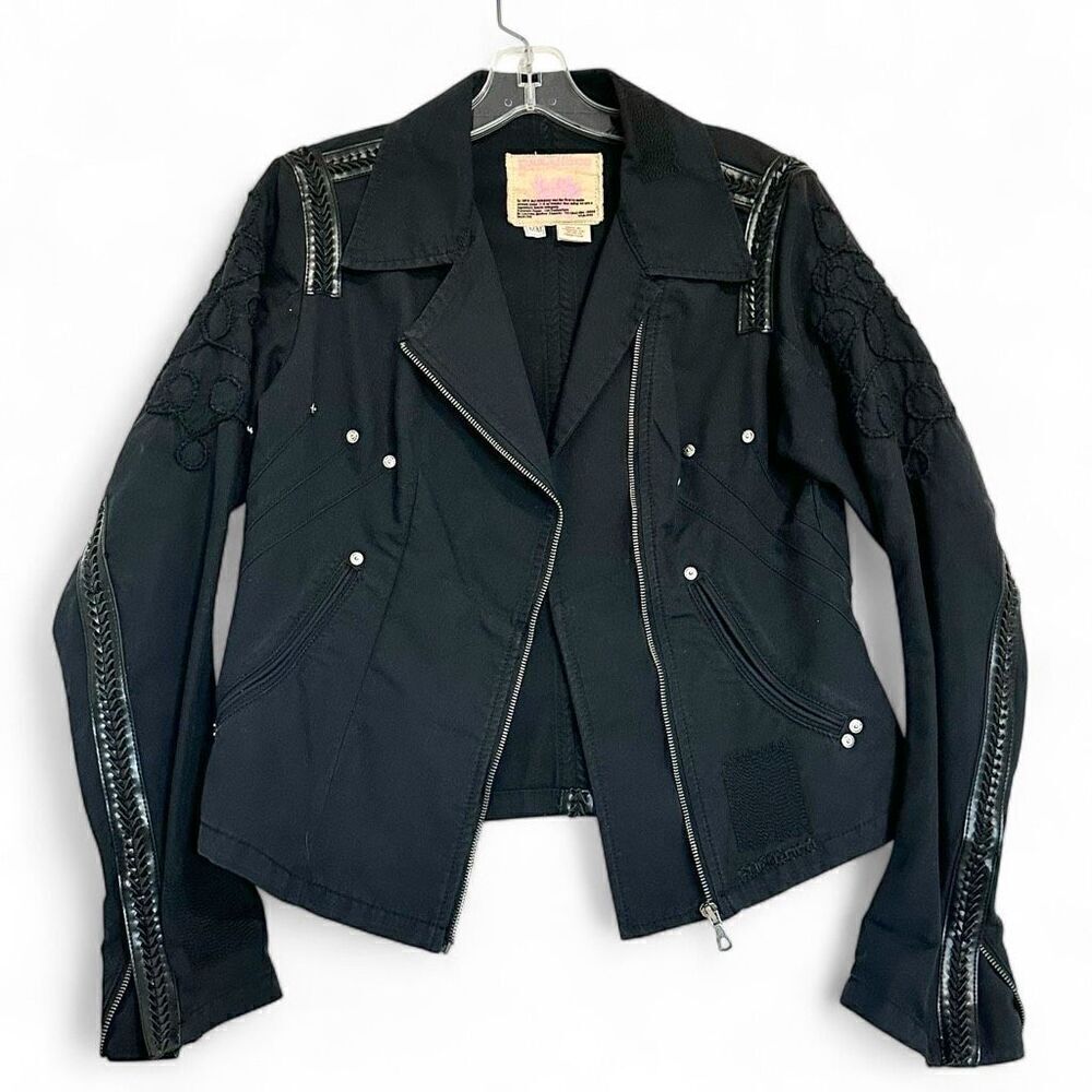 Vintage 90s Parasuco Black Denim Moto Jacket M Punk Edgy Rockstar Streetwear